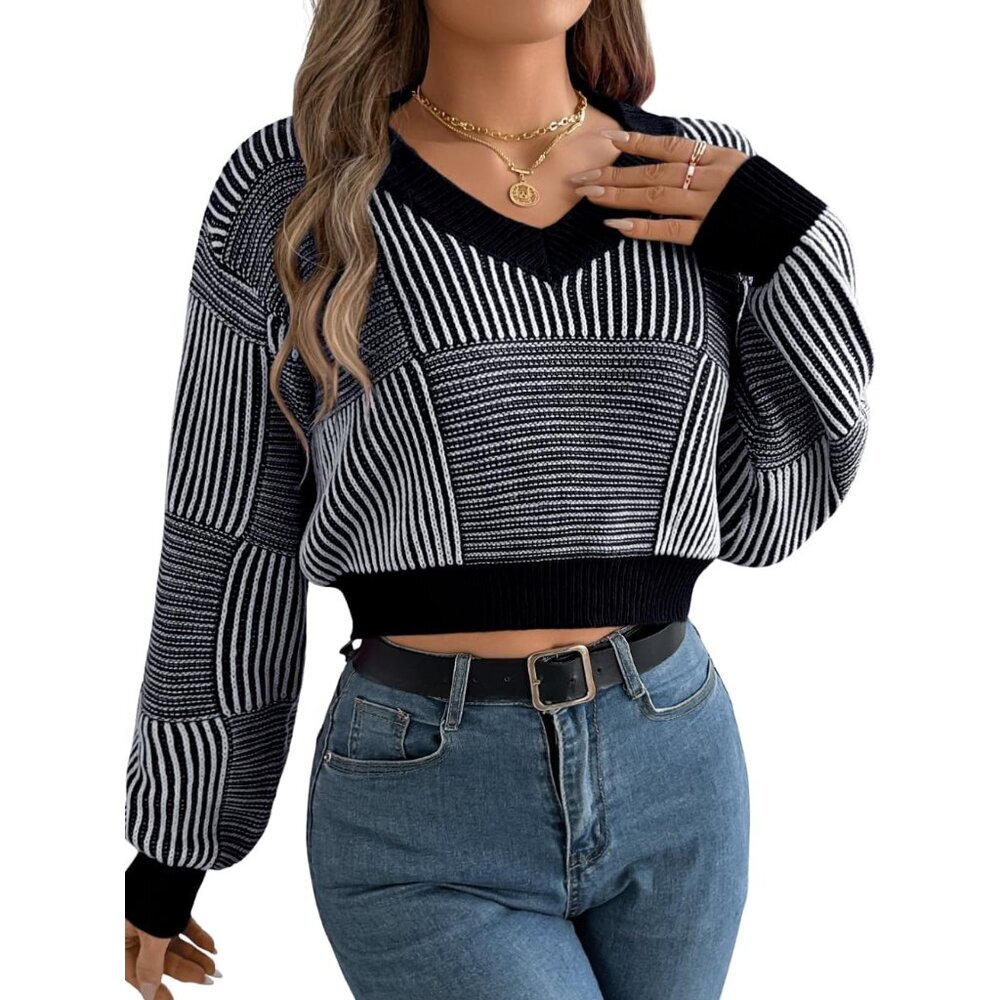 Women's V Neck Crop Sweater Lightweight Long Sleeve Striped Knit Casual Outfit